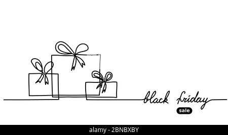 Black friday simple vector boxes web banner. One continuous line drawing with gift, boxes. Mininal Black friday banner Stock Vector