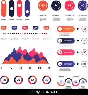 Infographic. Multipurpose economic charts marketing graphs, process table, corporate timeline and flowchart infographics vector project. Illustration of business diagram and chart, timeline steps Stock Vector