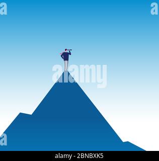 Business mission concept. Visionary on mountain peak with telescope. Success business vision vector poster. Illustration of businessman with binocular on top mountain peak Stock Vector