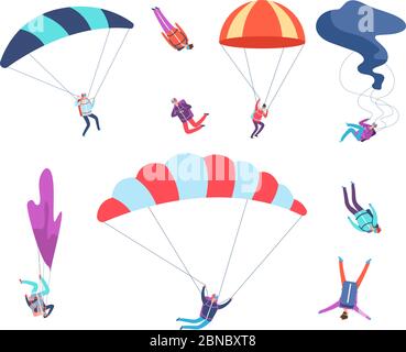 Skydivers set. People jumping with parachutes. Dangerous sports sky jumpers, parachutists cartoon vector characters. Illustration of skydiving with parachute, paratrooper and parachuting Stock Vector