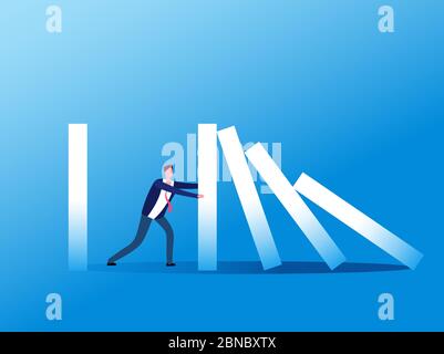 Domino effect. Businessman stopping falling domino. Crisis management, finance intervention and conflict prevention vector concept. Business management stop domino effect illustration Stock Vector