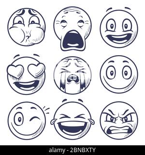 Sketch smiley. Smile expression icons, emoticons faces. Hand draw vector mood characters. Sketch face smiley mood, smile character emoticon illustration Stock Vector