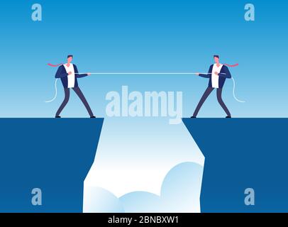 Conflict concept. Businessmen pulling rope over precipice. Business rivalry and competition vector background. Pull rope, businessman conflict business illustration Stock Vector