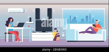 Electromagnetic field in home. People under EMF waves from appliances and devices. Electromagnetic pollution vector concept. Illustration of smart network communication wifi digital Stock Vector