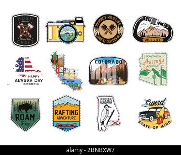 Vintage travel logos patches set. Hand drawn camping labels designs.  Mountain expedition, road trip, surfing. Outdoor hike emblems. Hiking  logotypes collection. Stock vector isolated on white. Stock Vector by  ©JeksonJS 421314988