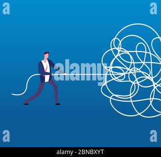 Businessman unraveling tangled rope. Difficult problem, chaos and mess vector business concept. Illustration of businessman with problem, solution and tangled cable Stock Vector