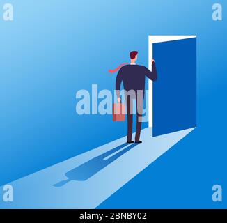 Businessman opening secret door. Opportunity, accessible entering. Risk solution and leadership business vector concept. Illustration of businessman open door secret, leadership challenge opportunity Stock Vector
