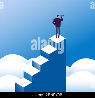 Business vision concept. Visionary man looks in telescope at steps top. Opportunity and leadership and purpose. Mission vector poster. Leadership vision telescope, visionary and growth illustration Stock Vector