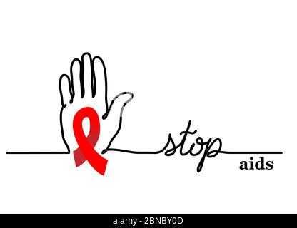 Stop aids. Vector background with hand and red ribbon, loop. Stop aids lettering, one continuous line drawing web banner Stock Vector