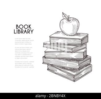 Library background. Hand drawing retro books and apple. School education, reading and knowledge vector concept. Illustration of book sketch for school, apple drawn and knowledge