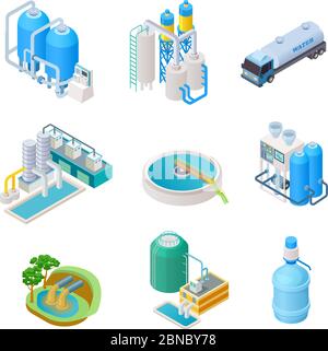 Water purification technology. Isometric treatment water industrial system, wastewater separator vector isolated set. Isometric purification and separator water, reservoir equipment illustration Stock Vector