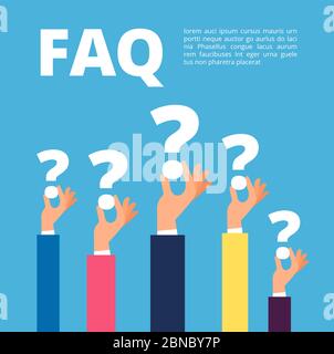Faq concept. Businessman hands holding question marks. Quiz and online support vector illustration. Faq support, asking and solving Stock Vector