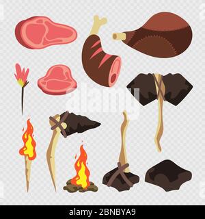 Cartoon neolithic tools and meats, weapons isolated on transparent background Stock Vector
