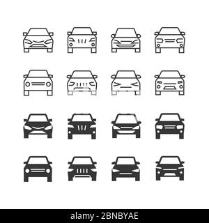 Autos front view line and silhouette vector icons. Illustration of auto vehicle front, automobile and car outline Stock Vector