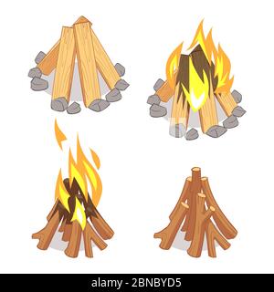 Cartoon character wooden logs and campfire isolated on white background. Illustration of campfire and firewood, camping bonfire Stock Vector