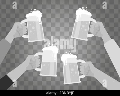 Hands holding beer glasses isolated on transparent background. Vector cheerful people clinking illustration Stock Vector