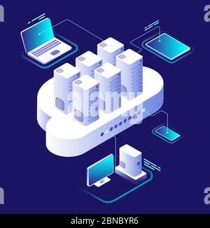 Cloud computing concept. Computing network, cloud smartphone app. Data storage technology 3d vector infographic. Illustration of communication and connection service, computer isometric processing Stock Vector