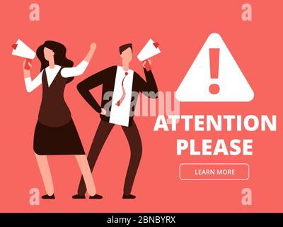 Attention vector banner or web page template with cartoon man and woman with megaphones. Illustration of attention please, man with megaphone and message Stock Vector