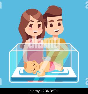 Happy parents with new born child in the glass box. Cartoon family vector illustration. Baby newborn and family mother father Stock Vector