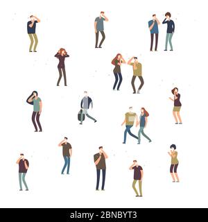 Cartoon character people, women and men in dust mask isolated on white background. People male and female in mask. Vector illustration Stock Vector