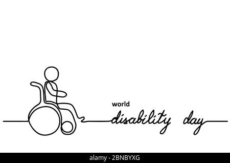 World Disability day vector minimal background. Person in wheelchair sign. One continuous line drawing illustration, background,banner Stock Vector