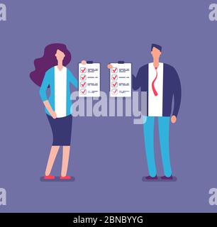 Checking plan list. Office manager planning project checklist. Businessman and businesswoman hold check lists vector illustration. Plan check tick, list clipboard, accomplishment people Stock Vector