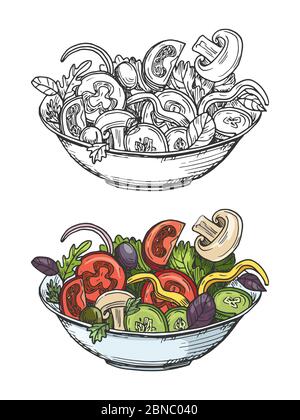 Big bowl of green salad with tomatoes, cucumbers, olives, onion, mushrooms. Vector illustration isolated Stock Vector
