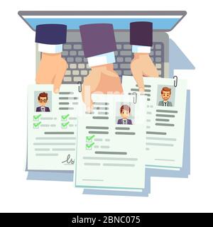 Job competition. Candidates hold cv resume. Online male cv application. Vector recruitment and employment, human interview illustration Stock Vector