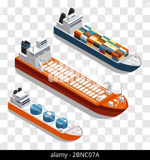 Modern cargo ships isometric vector design. Set of transportation ships isolated on transparent background. 3d ship freight in sea, shipping and logistic marine transportation illustration Stock Vector