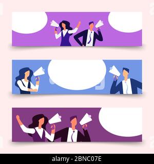 Horizontal banners template with woman and man with megaphone. Buisnesspeople shouting in bullhorn with speech bubble for message. Illustration of man with speech communication announcement Stock Vector