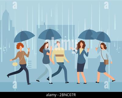 Cartoon people with umbrella walking the street in rainy day. Vector person with umbrella in rain street illustration Stock Vector