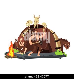 Cartoon style hunting neolithic people and saber-toothed tiger. Vector illustration Stock Vector