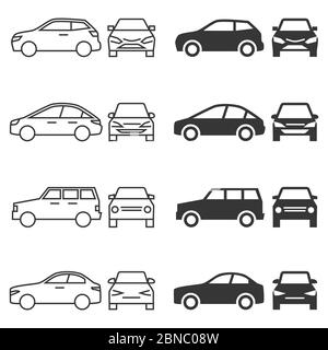 Front and side view car icons - line and silhouette cars isolated on white background. Vector illustration Stock Vector