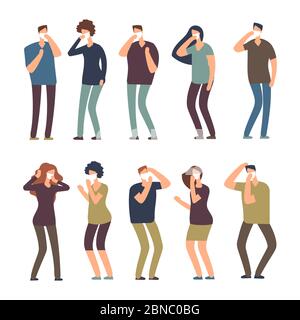 People in dust mask set vector illustration. People in mask, character girl and boy Stock Vector