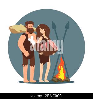 Primitive people cooking dinner on open fire isolated on white. Vector illustration Stock Vector