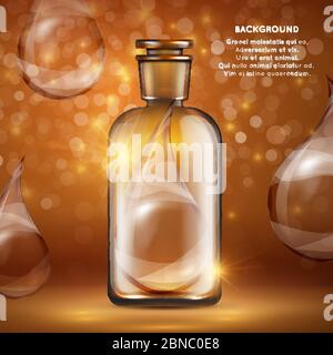 Organic oil cosmetics banner template. Realistic bottle and oil drops with shine background. Vector illustration Stock Vector