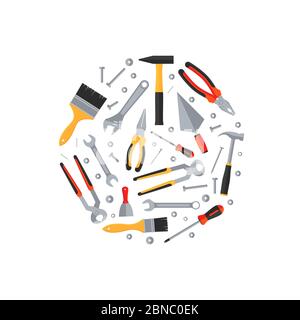 Repair and construction tools flat icons round concept isolated on white. Vector illustration Stock Vector