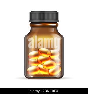 Realistic brown glass bottle with fish oil, omega 3 vitamin capsules isolated on white background. Glass bottle with fish oil tablet. Vector illustration Stock Vector