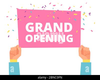 Hands hold Grand Opening info banner with colorful conffetti vector template illustration Stock Vector