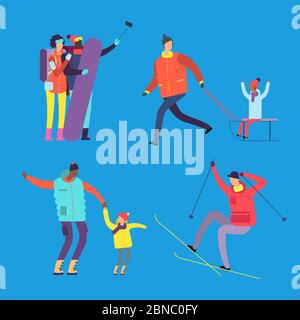 Happy international family and friends are engaged in winter sports vector illustration. Sport family and happy woman and man with child Stock Vector