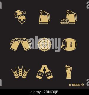 Serving and saving beer vector icons set isolated on black background illustration Stock Vector