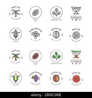 Healthy bio cosmetics oil linear logos. Organic cosmetics ingredients icons set. Collection vector illustration Stock Vector