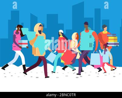 People on winter holiday. Person carrying shopping bag, gifts and christmas tree on big city street. Woman and man shopping xmas, customer and shopper. Vector illustration Stock Vector