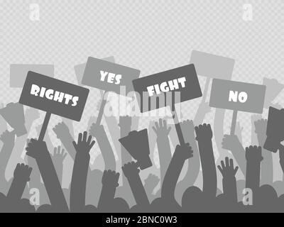 Political protest with silhouette protesters hands holding megaphone, banners and flags isolated on transparent background. Vector illustration Stock Vector