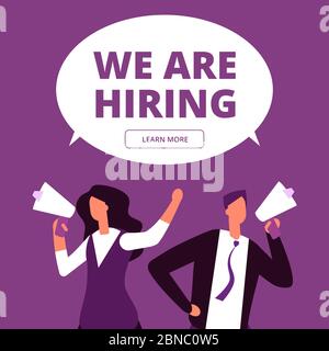 We are hiring concept. Business recruitment vector background. Man and woman with megaphone shouting for interview illustration Stock Vector