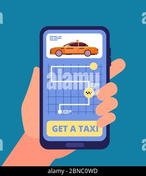 Taxi app concept. Hand holding smartphone with taxi application vector illustration. App mobile taxi service, online travel cab Stock Vector