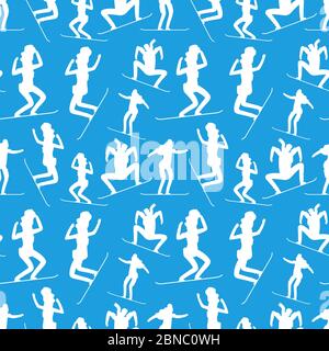 White silhouettes of snowboarding people seamless pattern. Winter sport athletes background. Vector illustration Stock Vector