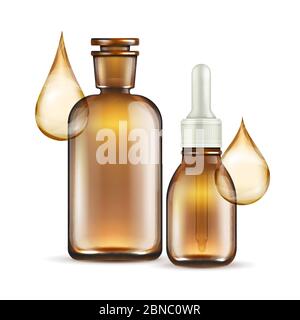 Realistic brown glass bottles for oil cosmetics isolated on white background. Vector illustration Stock Vector