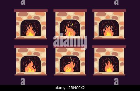 Fireplace animation. Home retro fireplaces with fire. Cartoon christmas and interior vector decoration. Fireplace interior decoration, animation bright burning illustration Stock Vector