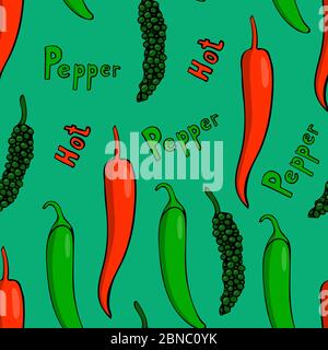 Vector seamless pattern with hot peppers. Sketch of farm and garden spicy vegetable. Isolated icon on green background. Harvesting season element Stock Vector